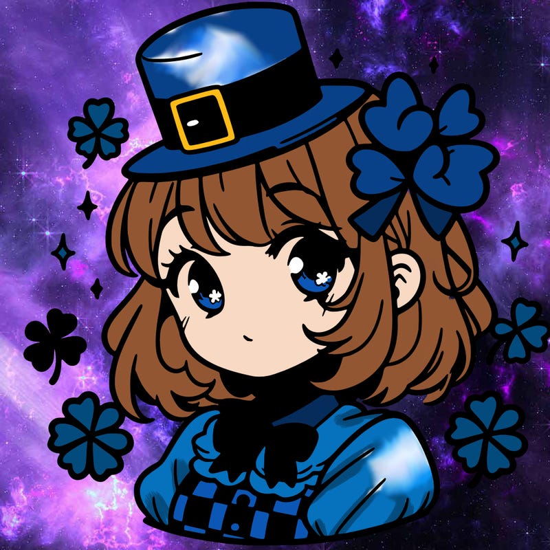 a manga-style girl with clovers around her, a little hat in her hair, like it's saint patrick's day
