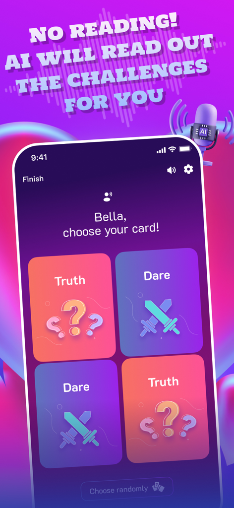 Truth or Dare 2025 - Truth or Dare 2025 app gameplay showing a selection of truth and dare cards with a notification that AI will read challenges aloud