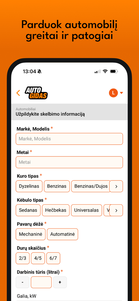 Écran de l'application mobile pour lister un véhicule sur le marché Autogidas.