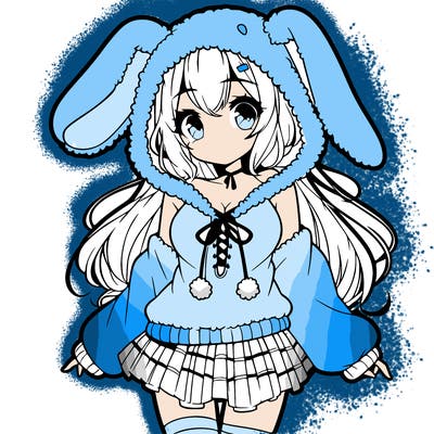 pretty anime girl wearing a fluffy hoodie with bunny ears on the hood and a skirt