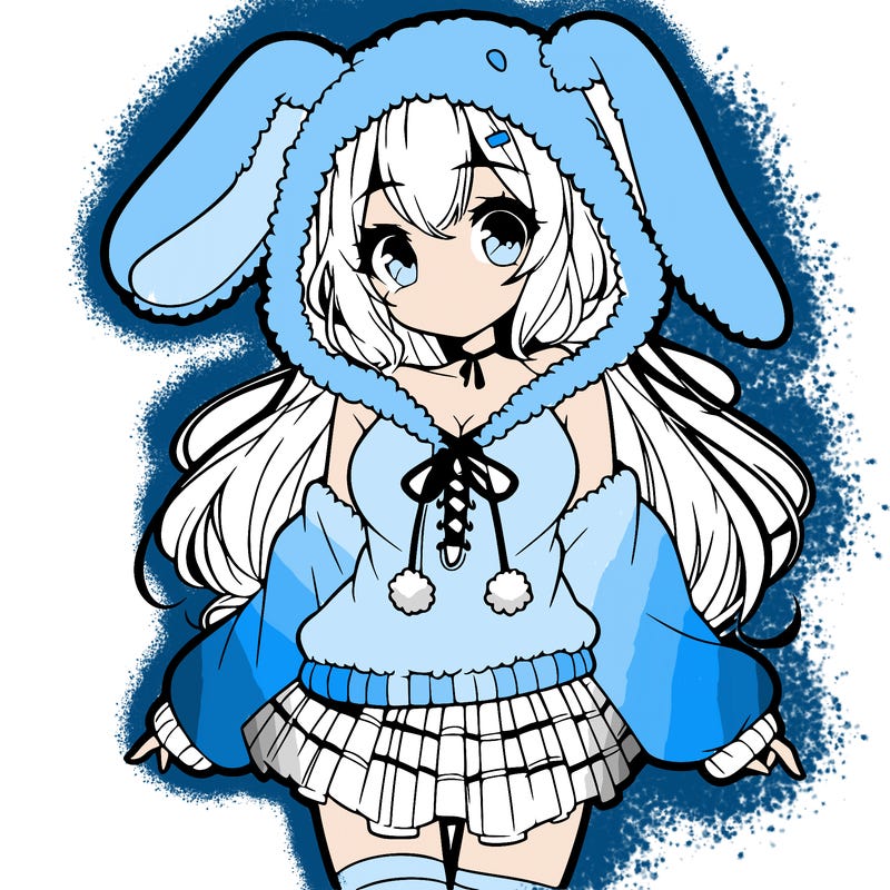 pretty anime girl wearing a fluffy hoodie with bunny ears on the hood and a skirt