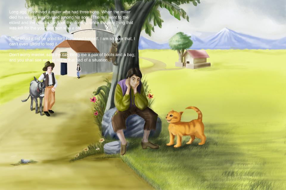 Puss in Boots (HD) - Una ilustración del gato hablando con su amo bajo un árbol de la aplicación El Gato con Botas