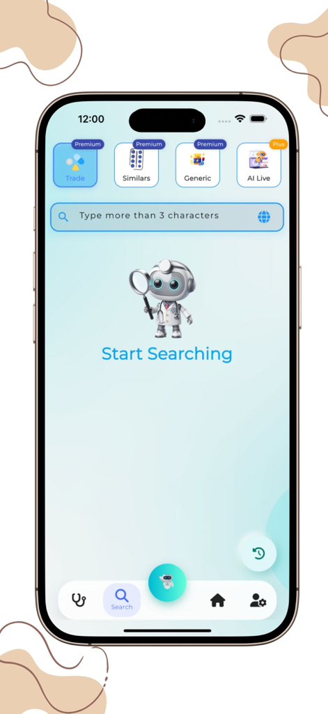 MediHelp: Drug Guide & Dosing - Search screen of the MediHelp app featuring a medical robot assistant and search options for trade and generic drugs.