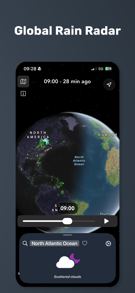 Weather + Radar: NOAA Rain Map - Pantalla de teléfono móvil mostrando un mapa de radar de lluvia global en un globo 3D con nubes sobre el Atlántico Norte.