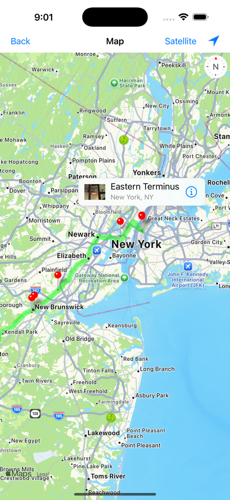 Lincoln Highway - Map view of the Lincoln Highway app showing the original 1913 route alignment and the Eastern Terminus in New York