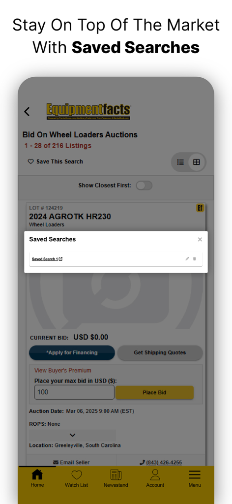 Equipmentfacts Live Auctions - Una pantalla de aplicación móvil para Equipmentfacts Live Auctions que muestra cómo los usuarios pueden guardar sus búsquedas de equipo pesado y camiones.