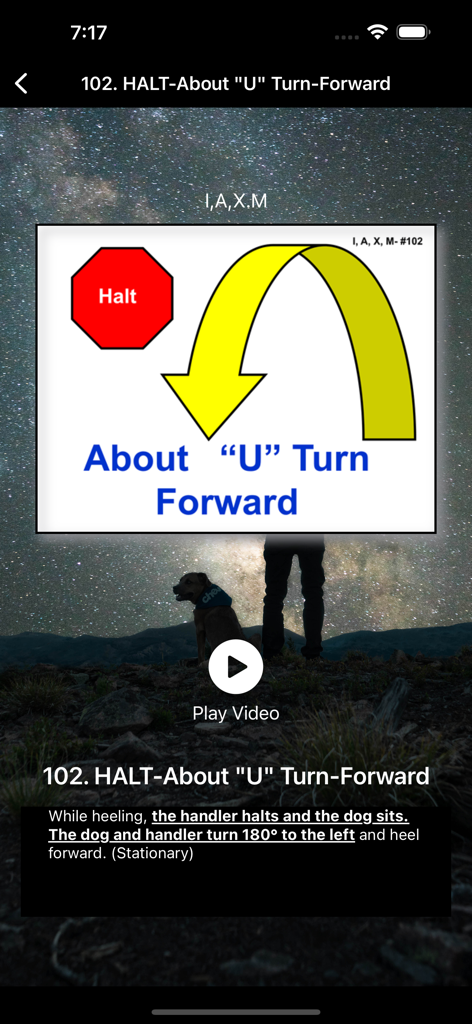 Instrucciones de la señal de obediencia canina de AKC Rally para el ejercicio de giro en U sobre la marcha con parada y avance