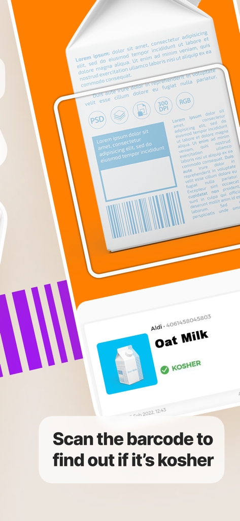 Interface do aplicativo KosherScan mostrando um código de barras sendo escaneado para verificar se um produto é kosher