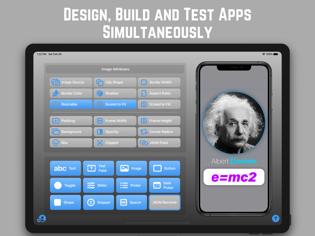 QDesigner - Interface of QDesigner app on iPad showing visual design tools and a real time mobile preview of an app screen