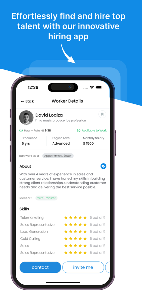 Pros Marketplace - Una pantalla de smartphone que muestra el perfil de un candidato con habilidades y experiencia en la aplicación de contratación Pros Marketplace