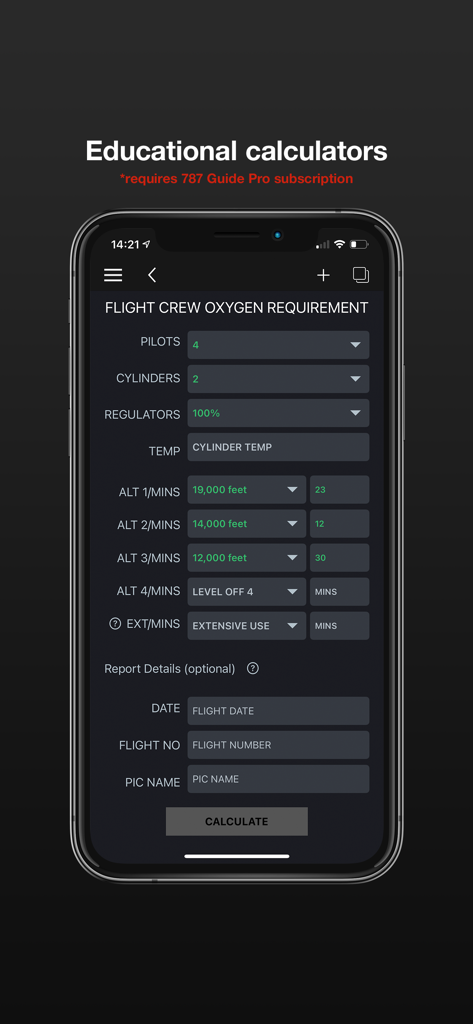 Un écran mobile de l'application 787 Guide montrant un calculateur d'exigences en oxygène pour l'équipage de vol pour les pilotes de ligne aérienne.