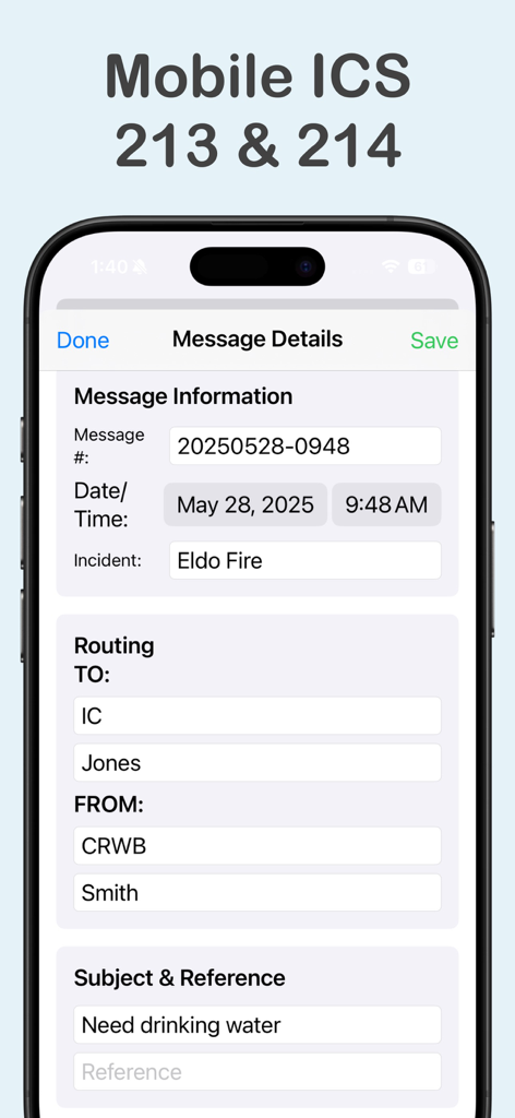 Wildland Toolkit - Mobile interface of the Wildland Toolkit app displaying a digital ICS 213 form with message details and routing for a fire incident.