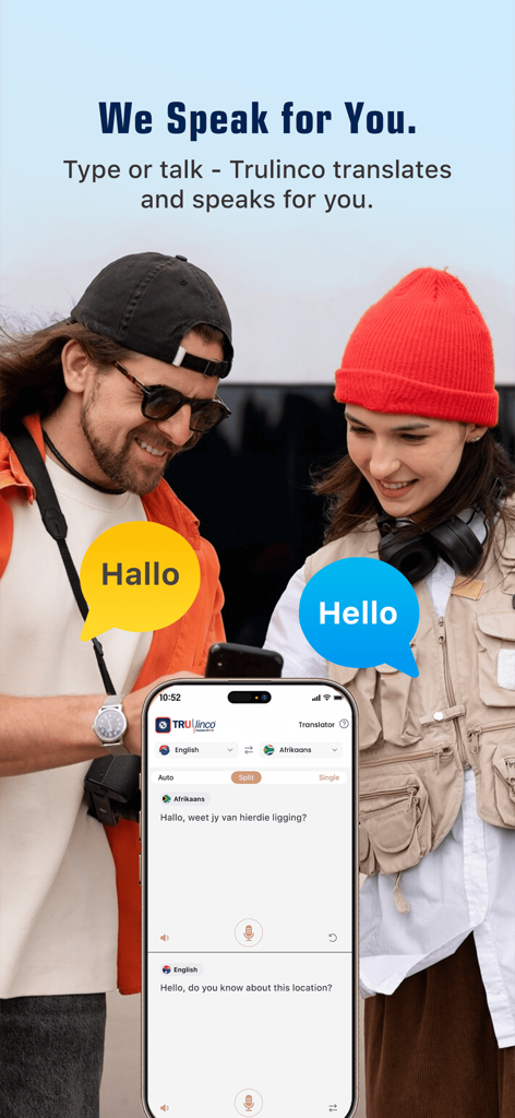 Trulinco: AI Voice Translator - Two people using the Trulinco app for real time voice translation during travel