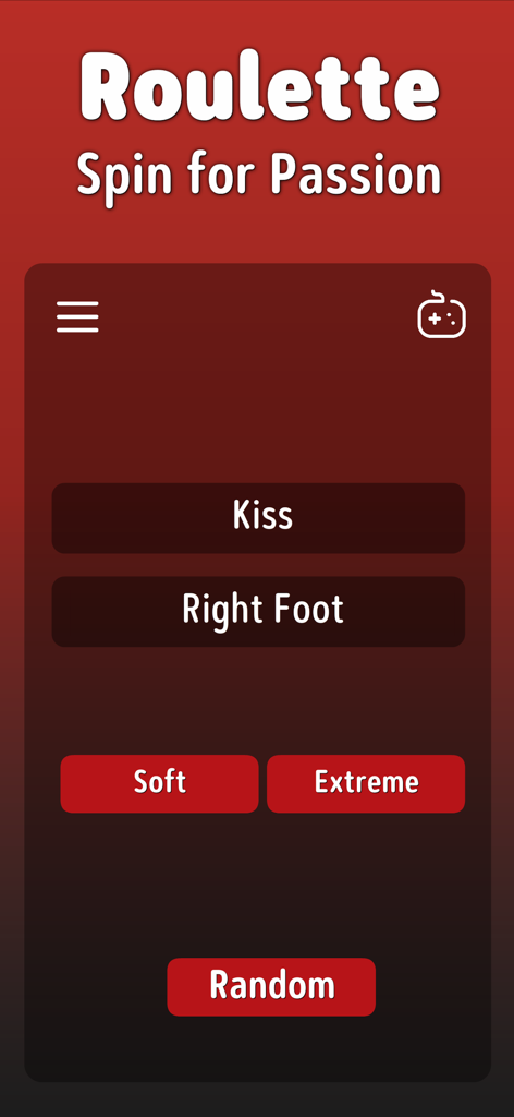 Sex Roulette - Intimasutra - Oberfläche der Sex Roulette-App, die ein Leidenschaftsspiel mit Aufgabenauswahl und Schwierigkeitsgraden zeigt.