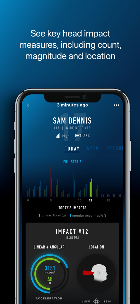 Prevent app interface displaying real-time head impact statistics and location for an athlete.