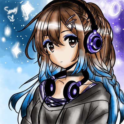 teen anime girl  wearing headphones