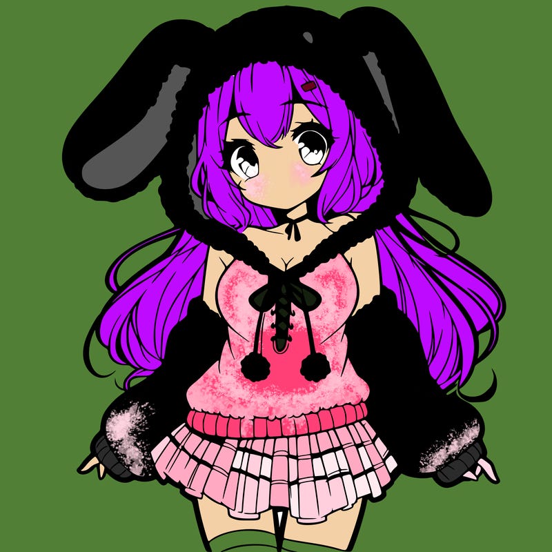 pretty anime girl wearing a fluffy hoodie with bunny ears on the hood and a skirt