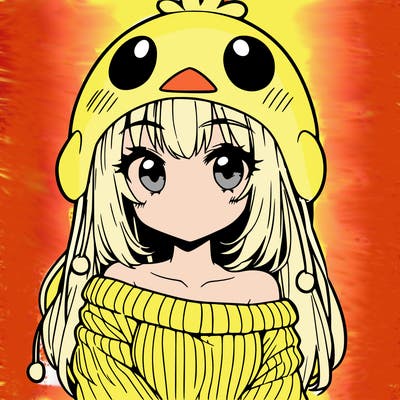 anime girl with chick shaped hat with sweater with bare shoulders with bangs covering them one eye with low tail