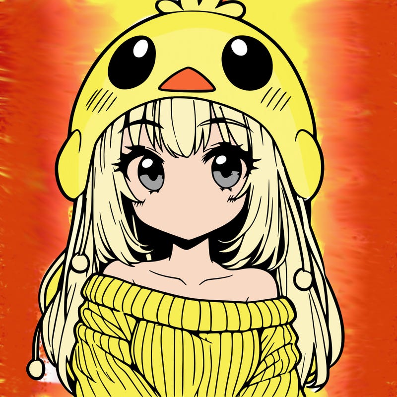 anime girl with chick shaped hat with sweater with bare shoulders with bangs covering them one eye with low tail