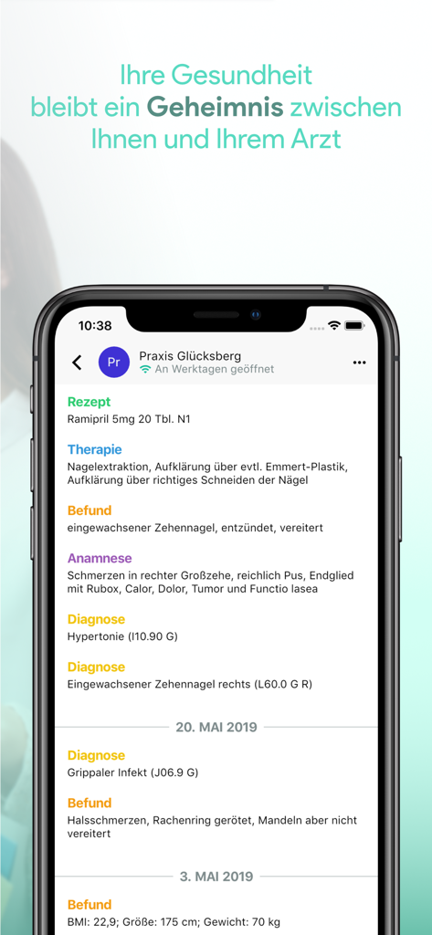 A smartphone screen showing a detailed medical history timeline within the PatMed app including diagnoses and prescriptions.