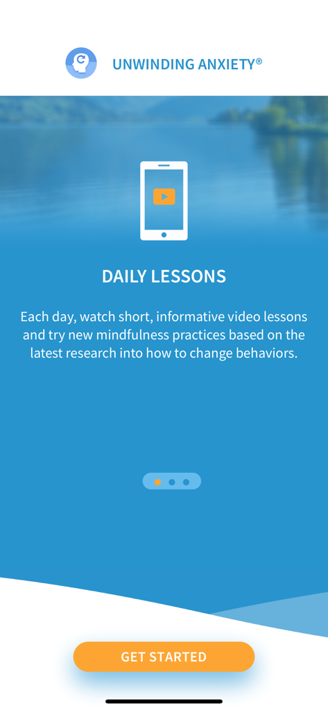 Unwinding Anxiety app screen describing daily video lessons for behavior change.
