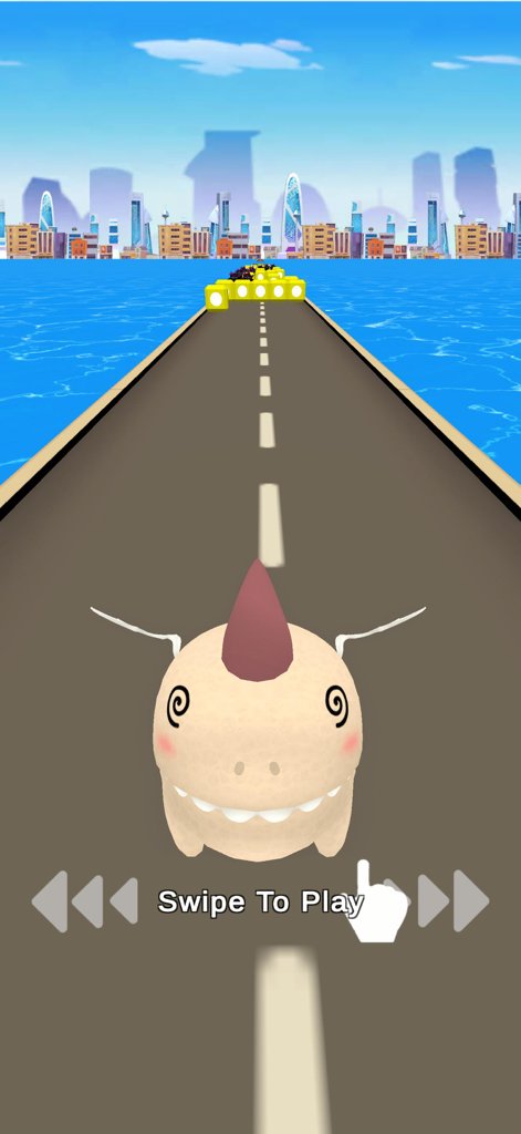 Beat Rush - Cute flying dinosaur character in Beat Rush mobile rhythm game avoiding obstacles on a track.