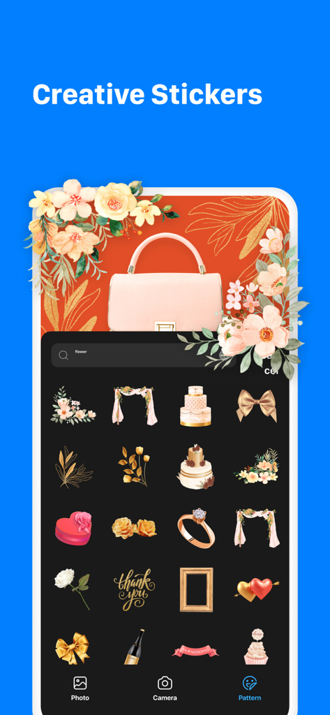 PhotoClip:AI Background Eraser - Mobile app interface showing a handbag decorated with floral stickers and a library of wedding-themed icons like cakes and rings.
