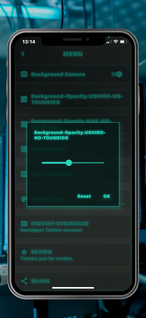Hacker Note menu with background transparency slider and green hacker theme