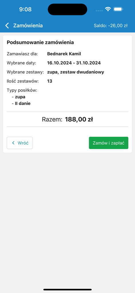 zamowposilek.pl - Pantalla de la aplicación móvil que muestra un resumen del pedido de comidas escolares con detalles de la comida y el monto total del pago.
