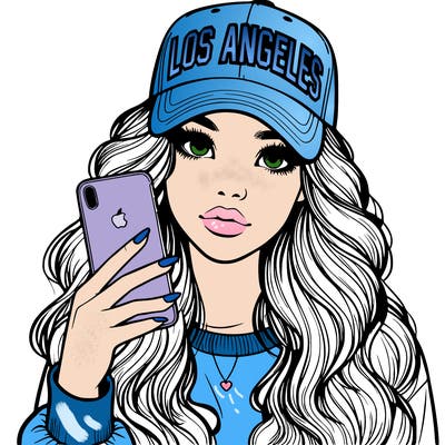 realistic beautiful girl wearing los ángeles cap holding an iphone