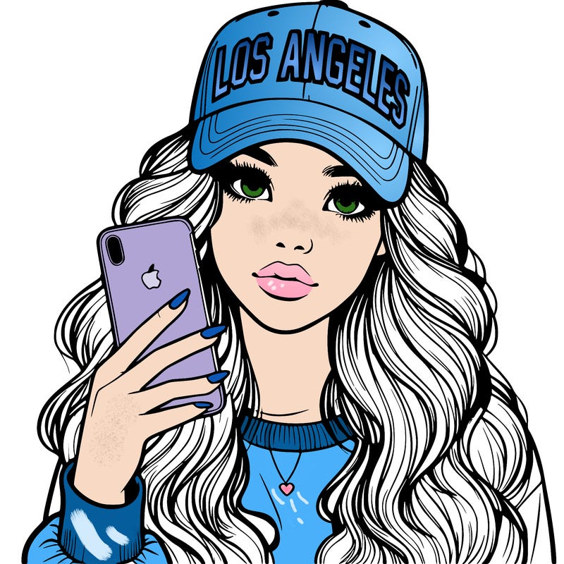 realistic beautiful girl wearing los ángeles cap holding an iphone