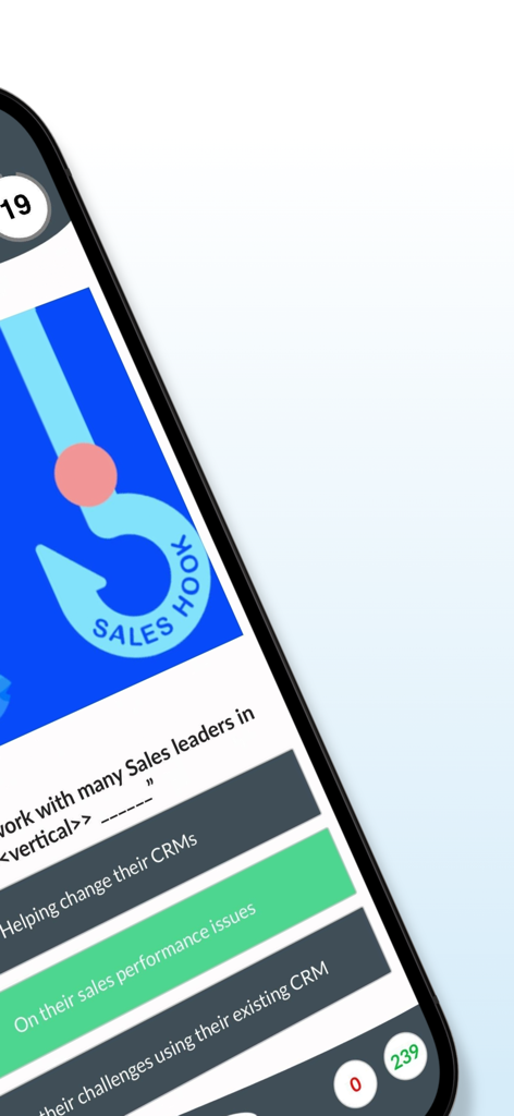 Atrivity app mobile interface showing a sales training quiz question with multiple choice answers and a sales hook graphic.