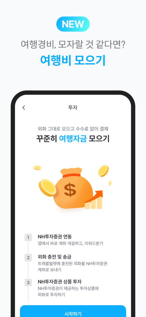 Screenshot of the Travel Wallet app interface showing a feature for collecting and investing travel funds with a money bag illustration