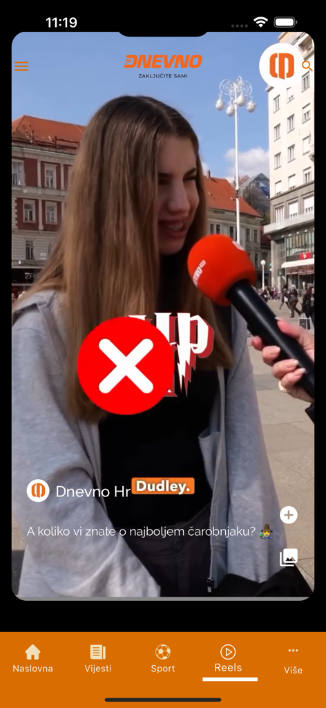 Dnevno.hr - Dnevno hr news app showing a video reel feature with a street interview