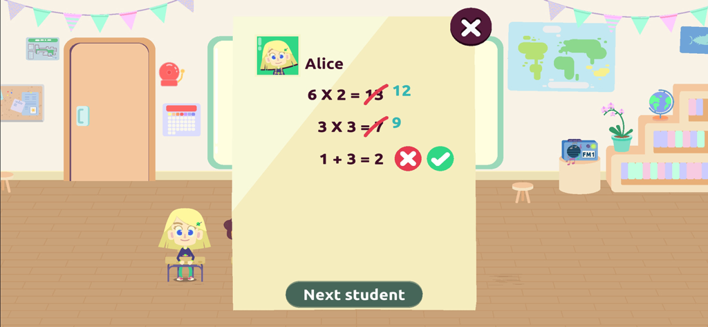 Un joueur agissant en tant qu'enseignant corrige un quiz de mathématiques pour un élève dans la salle de classe virtuelle MySchool.