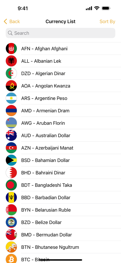 Una lista de monedas globales y banderas nacionales dentro de la aplicación Gold+ para el seguimiento de los precios del oro.