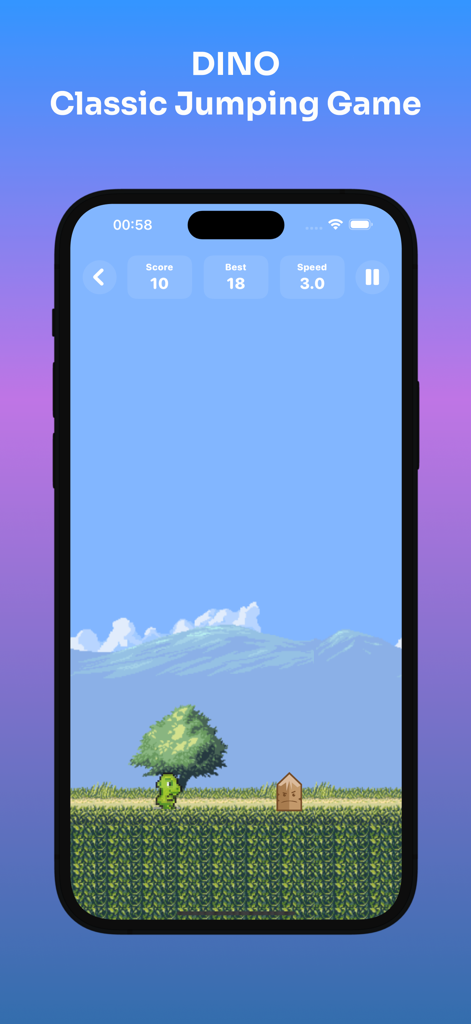 Dino Classic Jumping Game screenshot on iPhone showing a dinosaur in a pixel art landscape