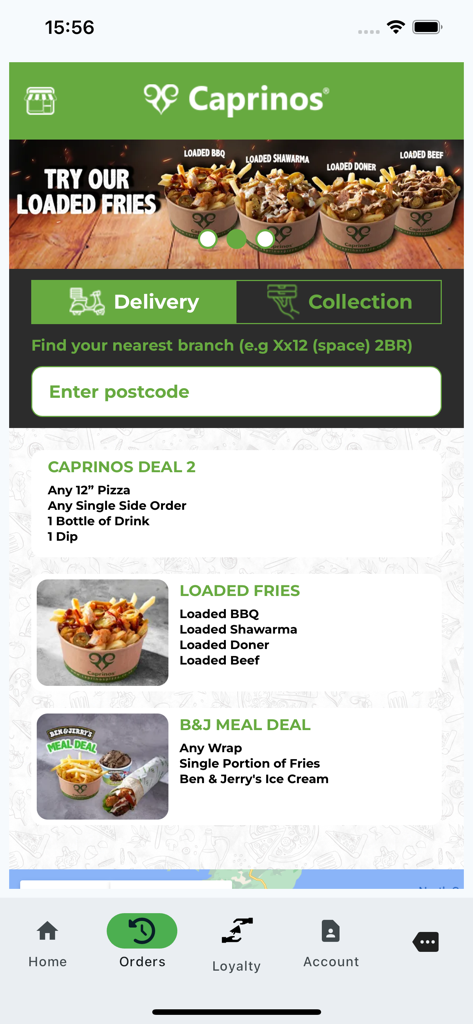 Pantalla de inicio de la app Caprinos Pizza mostrando varias ofertas de comidas y opciones de entrega