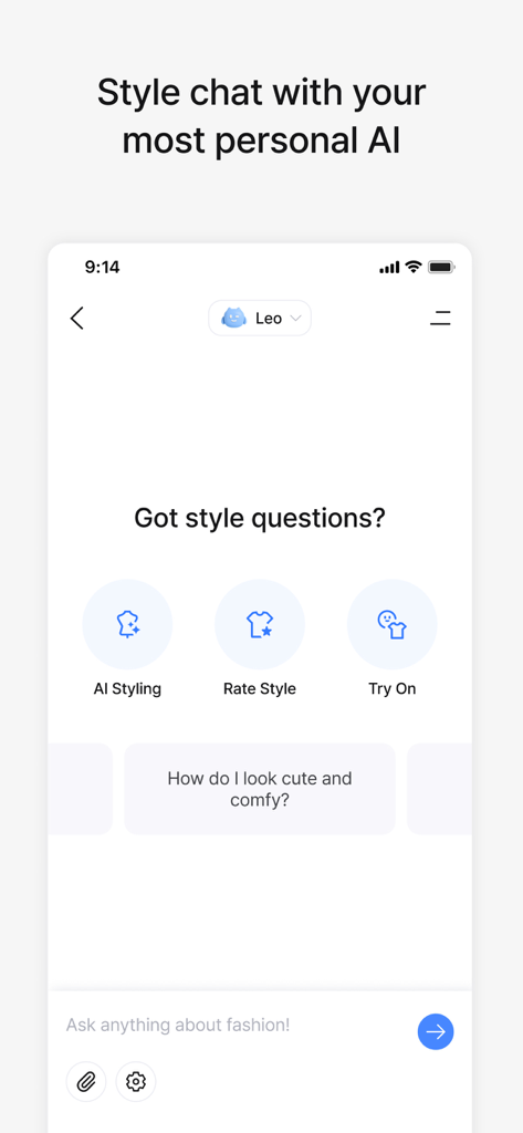 Interface of the Acloset app style chat featuring the AI assistant Leo and styling options.