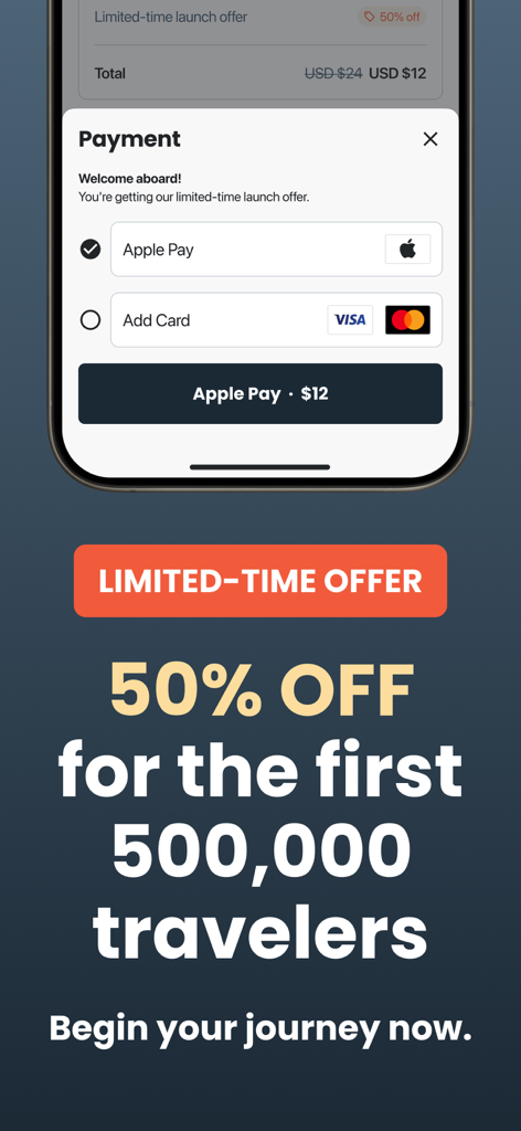 Captura de pantalla de la pantalla de pago de la aplicación holiday.com que muestra un descuento de lanzamiento del 50 por ciento para los primeros 500000 viajeros