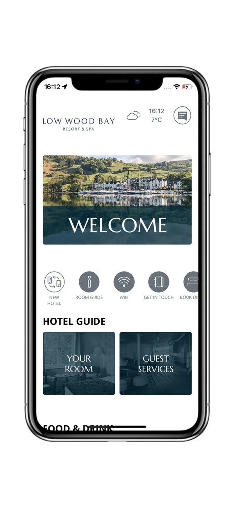 English Lakes Hotels - Welcome screen of the Low Wood Bay Resort and Spa mobile app featuring hotel guide and guest services