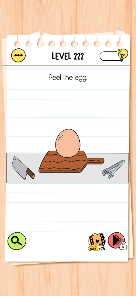 Brain Test 4 level 222 showing an egg on a cutting board with a knife and tongs