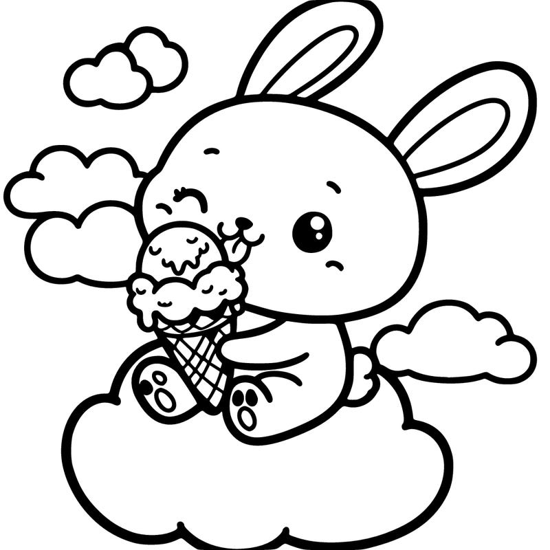 cute bunny  eating ice cream on a cloud