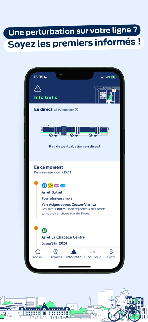 STAR transit app interface showing real-time traffic alerts and service disruptions for Rennes public transport