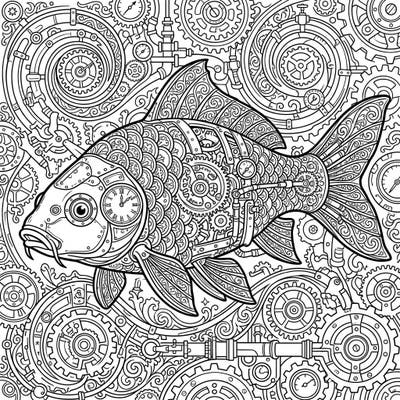 Immerse yourself in a world where aquatic life meets mechanical marvels with this Steampunk Carp coloring page. This intricate adult design features a detailed carp adorned with gears, clockwork, and industrial elegance, promising hours of creative engagement.
