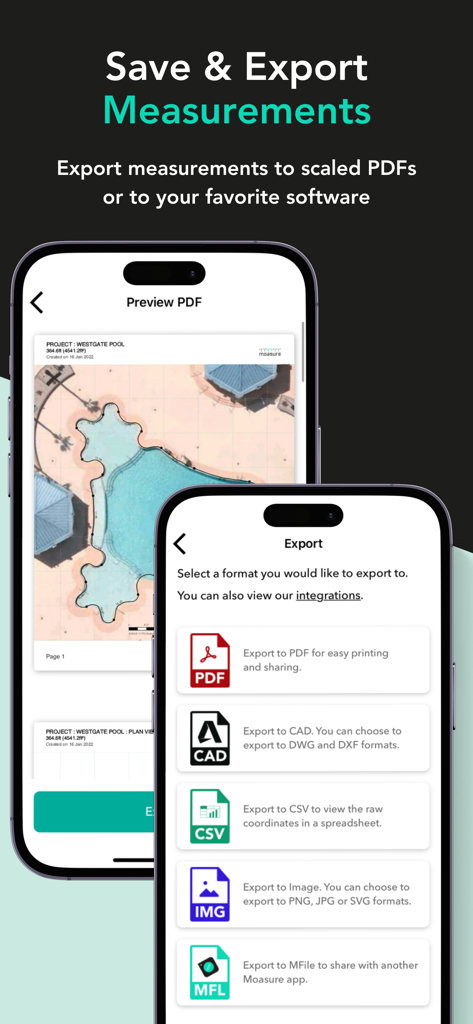 Moasure - The Moasure app interface showing measurement export options for PDF, CAD, CSV, and image formats with a preview of a site plan.