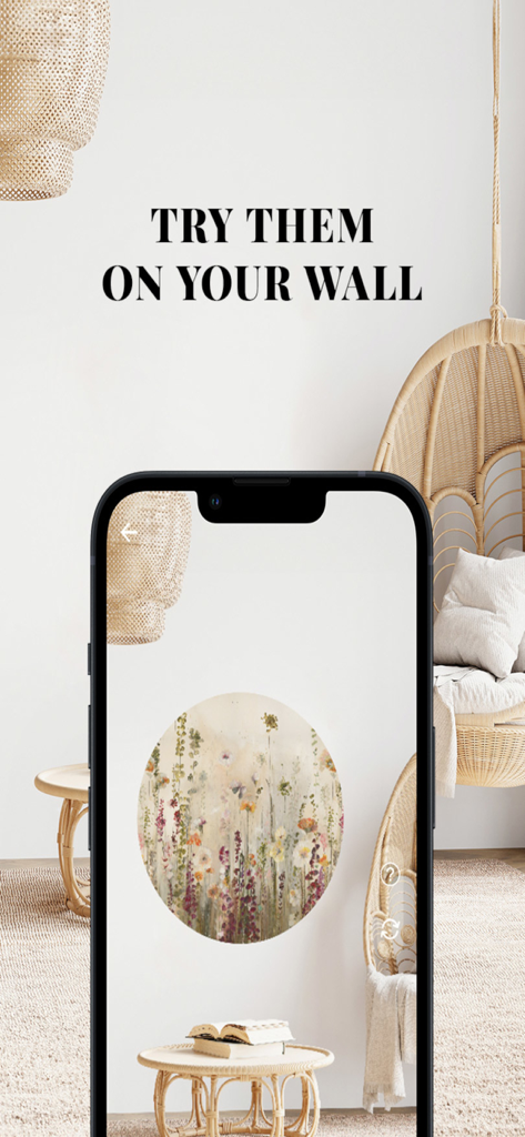 Smartphone showing an augmented reality preview of a circular floral wallpaper in a modern living room