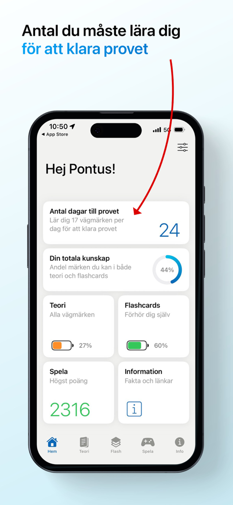 Vägmärken – ta körkort - Mobile app home screen showing study progress tracking for a Swedish driver's license exam including theory and flashcards percentages.