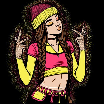realistic teenage girl with braids and a beanie and crop top doing 🫶🏼