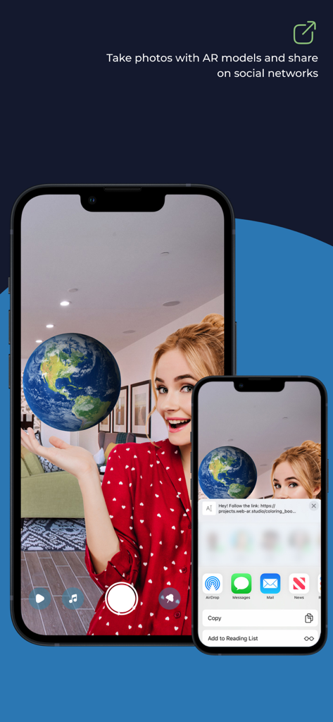 AR Studio Viewer - A woman holding a 3D AR earth model and sharing the photo on her phone via a social sharing menu